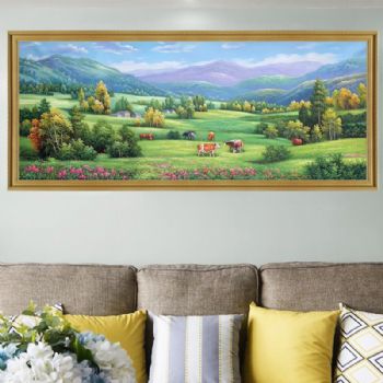 林间的小屋优美风景油画山水画纯手绘美式山间风景牛奶牧草图实木画框