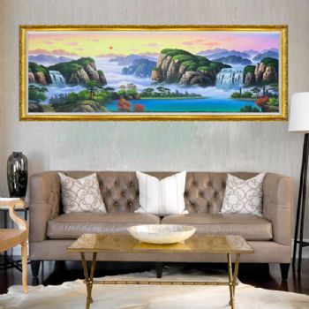 旭日东升背靠大山新中式聚宝盆风景油画纯手绘山水画实木画框