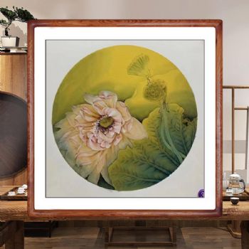 多子多福莲蓬荷花图纯手绘国画工笔四尺斗方花鸟图圆角实木画框