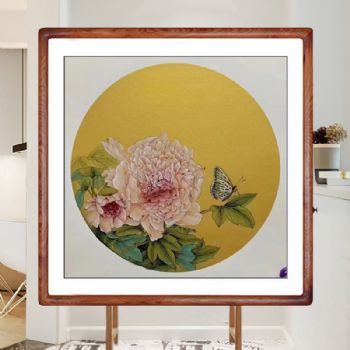 花开富贵蝶恋花新中式牡丹图纯手绘工笔国画圆角实木画框