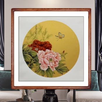 蝶恋花新中式花开富贵牡丹图纯手绘工笔国画实木画框