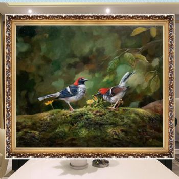 丛林中的两只美丽小鸟纯手绘油画动物写实油画实木画框