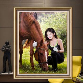 美女与骏马图纯手绘人物写实油画高品质画框