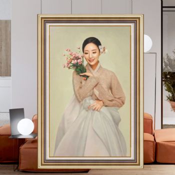 手捧鲜花美女人物写实油画朝鲜民族服饰纯手绘美女油画