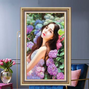 花丛中青春美女图纯手绘写实人物油画原创艺术人物画