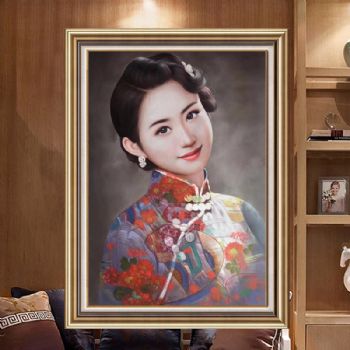 民国风美女图纯手绘俏美女油画写实油画旗袍美女油画