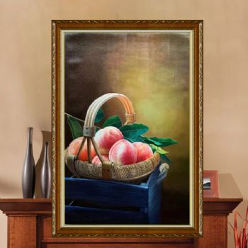 超写实手绘油画水果静物油画一筐好桃新中式仙桃桃子图实木画框
