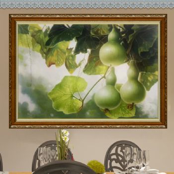 新中式静物写实油画葫芦图寓意多福多寿实木画框