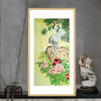 精品工笔国画仙鹤牡丹图纯手绘水墨国画实木画框原木色