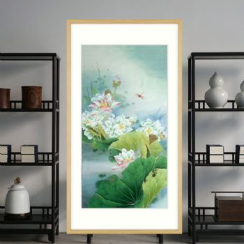 纯手绘四尺工笔国画荷花图硕果累累家大业大原木色实木画框