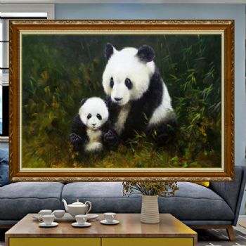 纯手绘动物油画熊猫父子图精品写实油画实木画框