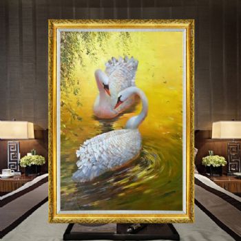 白天鹅图精品纯手绘动物油画湖面上的天鹅实木画框