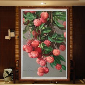 原创新中式励志向上超写实荔枝水果静物写实油画实木画框