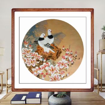 石头上的白鸽图纯手绘国画工笔四尺斗方花鸟扇面圆角实木画框高品质工笔国画动物国画