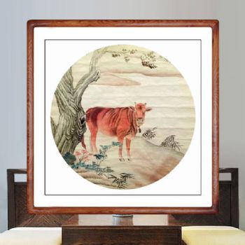 棕牛奋牛图纯手绘国画工笔四尺斗方花鸟扇面圆角实木画框