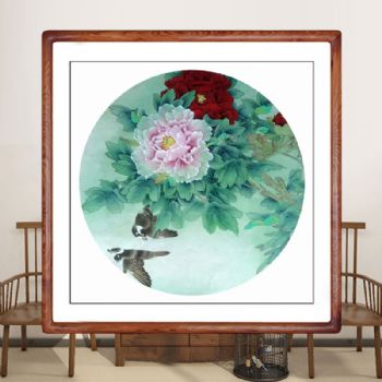 清淅淡雅牡丹图纯手绘国画工笔四尺斗方花鸟扇面圆角实木画框