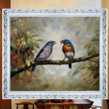 精品纯手绘动物写意油画荔枝树上的两只恩爱小鸟厚肌理油画