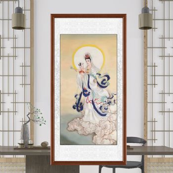 观音送子图菩萨纯手绘工笔人物国画适合中堂的水墨画实木画框