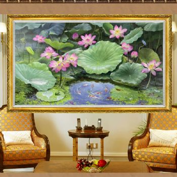 荷塘风景油画寓意和和美美年年有余实力画家纯手绘油画精品油画黄色实木画框