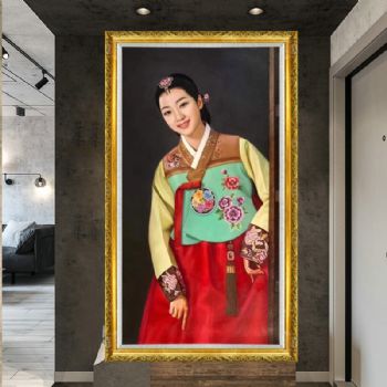 朝鲜油画实力画家纯手绘人物油画精品收藏油画黄色实木画框