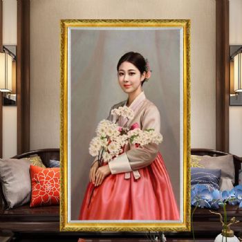 收藏油画朝鲜油画实力画家纯手绘人物油画美女油画黄色实木画框