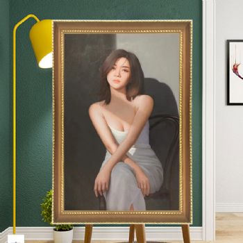 纯手绘人物写实油画美女油画优雅的短发美女人物画肖像油画