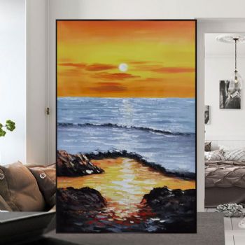 纯手绘油画丰富厚肌理海边的霞光现代艺术风景山水画大写意风景油画