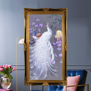 纯手绘新中式油画孔雀图白孔雀图孔雀不落无福之地写实油画实木角花框