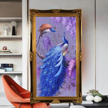 纯手绘油画新中式油画两只孔雀图孔雀不落无福之地写实油画实木角花框