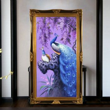 紫气东来有福之地纯手绘新中式油画孔雀图孔雀不落无福之地写实动物油画