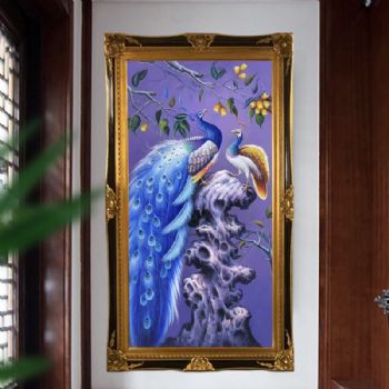 纯手绘新中式油画枇杷树下孔雀图孔雀不落无福之地写实油画实木角花框