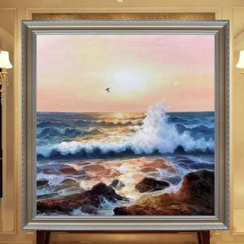 欧式风景油画纯手绘海浪风景画飞翔的海鸥精品油画实木画框