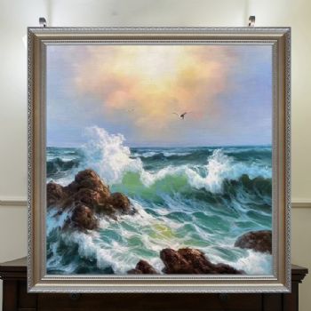 抽象油画海浪风景油画纯手绘风景画飞翔的海鸥精品油画实木画框