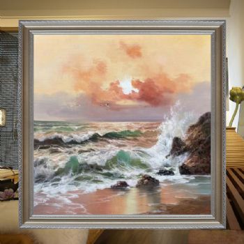 现代装饰油画海浪风景油画纯手绘画飞翔的海鸥精品油画实木画框