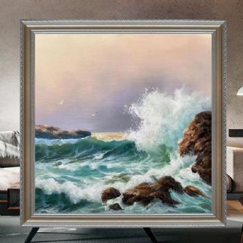 写实精品油画欧式风景油画纯手绘海浪风景画飞翔的海鸥实木画框
