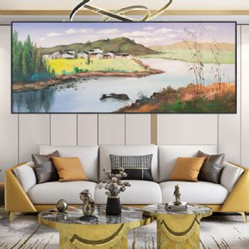 江南风景悠闲的水牛抽象写意纯手绘油画春天风景油画现代艺术画