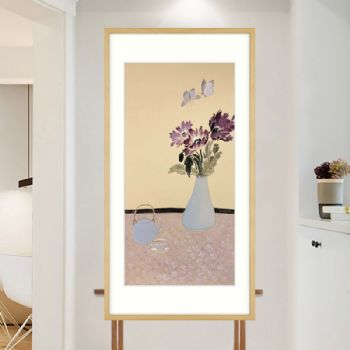 精品四尺四开水墨花鸟画纯手绘写意茶趣花瓶风景画原木画框