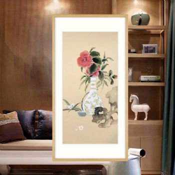 纯手绘花瓶风景画兰花花瓶假山精品四尺四开水墨花鸟画原木画框