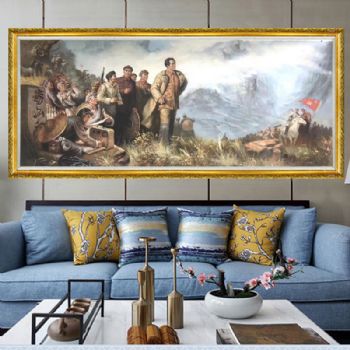 纯手绘大型中国红军历史题材油画人物画红军长征会师图金色实木画框