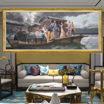 纯手绘大型中国党史题材油画人物画红色党启航图金色实木画框