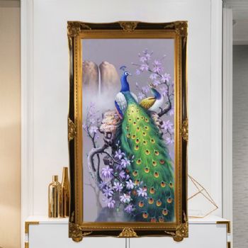 纯手绘动物油画超写实孔雀画新中式油画实木角花框精品动物油画