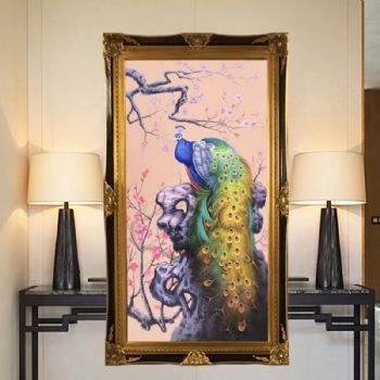 新中式油画纯手绘动物油画超写实孔雀画实木角花框精品动物油画