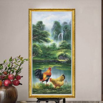 高品质山水油画纯手绘新中式风水画聚宝盆夫妻和睦动物油画实木画框