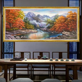 美式风景油画纯手绘山水画路路通金色风景油画实木画框