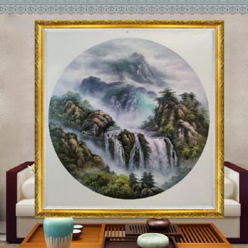 新中式油画纯手绘山水油画写实风景画实木角花框精品风景油画高品质山水油画中式山水油画