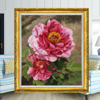 新中式油画纯手绘花卉油画超写实牡丹花实木画框精品小幅花卉油画