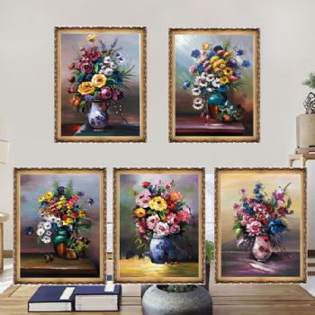 纯手绘油画花卉油画写意花瓶与花朵装饰油画平安富贵卧室餐厅装饰油画实木画框