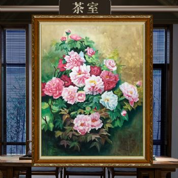 新中式花开富贵牡丹小写意花鸟油画纯手绘油画客厅挂画实木画框