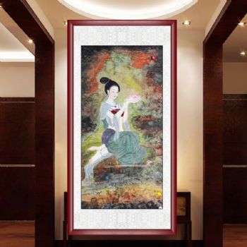 浓墨重彩水墨国画仕女图天女散花实力画家工笔人物画实木画框