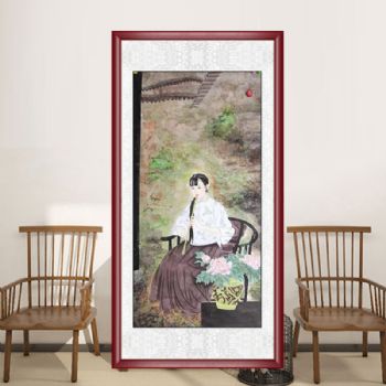 纯手绘工笔人物画花鸟画坐在椅子上吹箫的女子仕女图实木画框